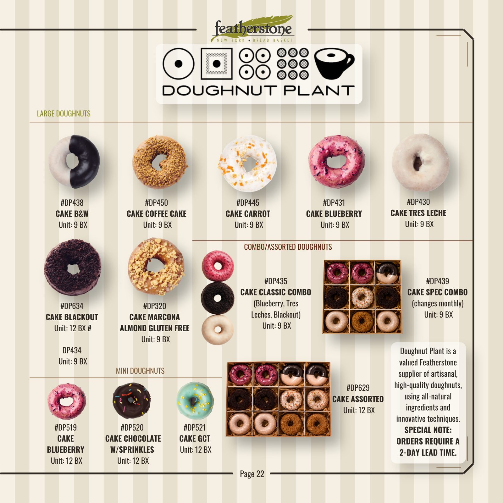 Catalog page featuring large, combo and mini doughnuts with product codes and units