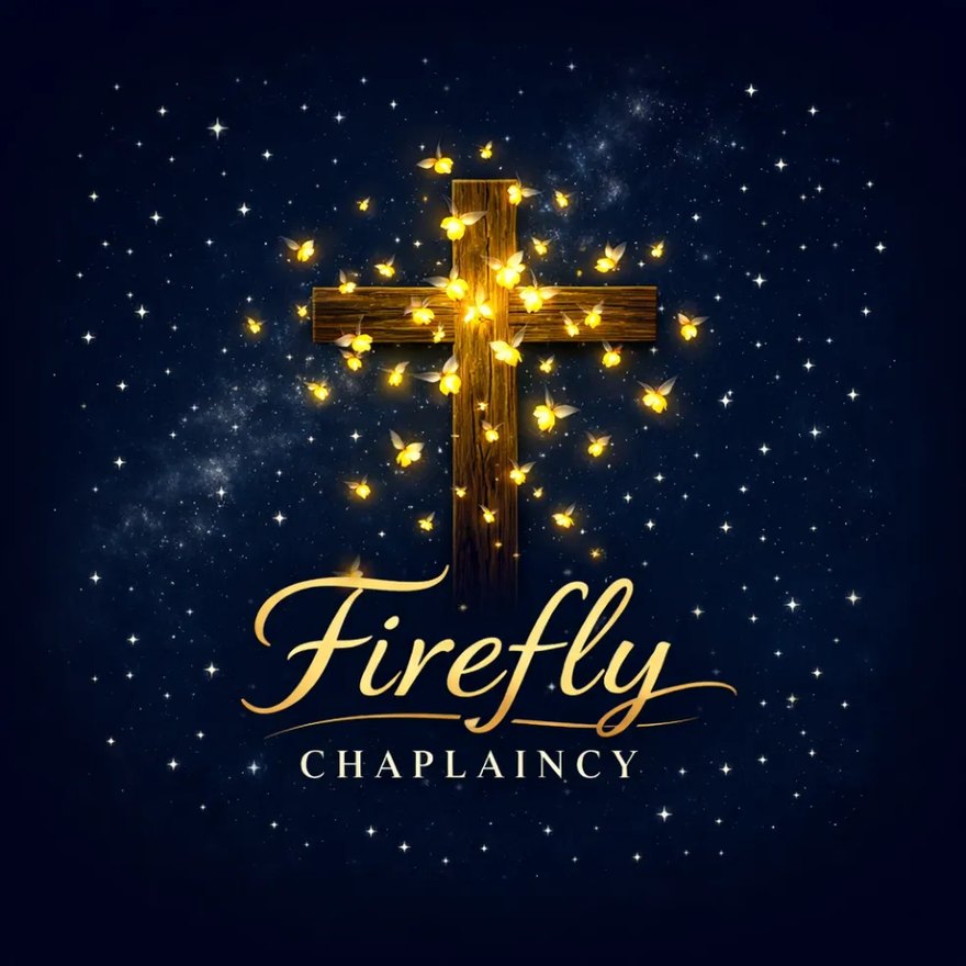 Firefly Chaplaincy logo, a wooden cross surrounded by fireflies on a night sky